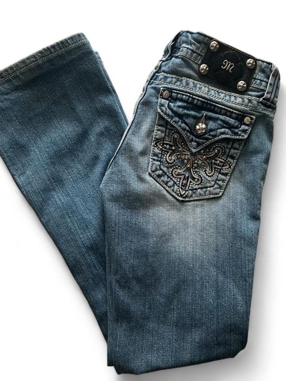 Miss Me Women's Embellished Medium Blue Boot Cut Jeans 28
